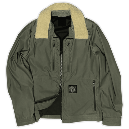 reflective green plurimus overshirt with shearling collar