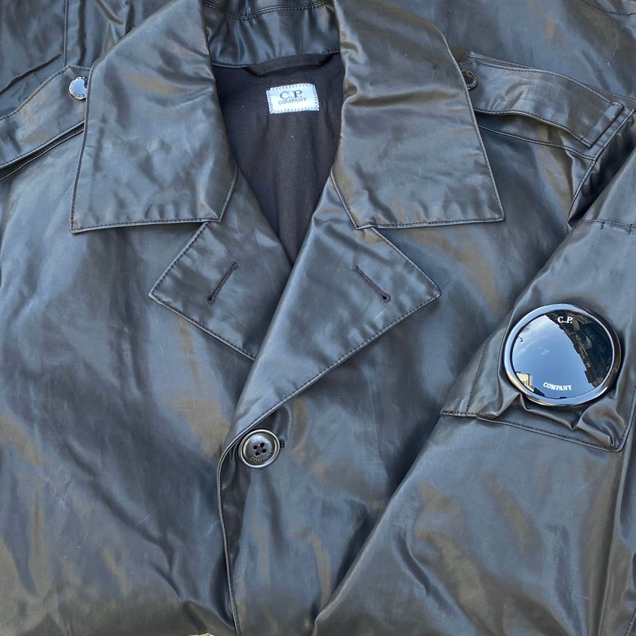 cp company rubberised trench coat in anthracite