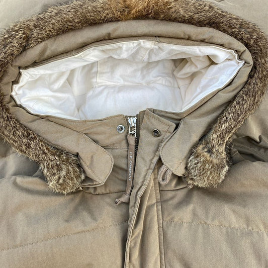 cp company hooded parka with rabbit fur collar